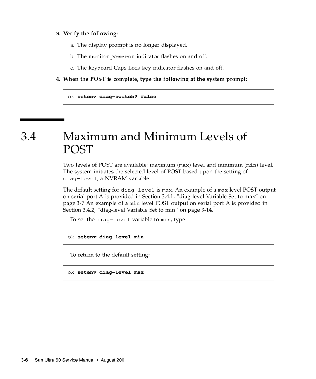 Sun Microsystems 60 service manual Maximum and Minimum Levels, Verify the following 