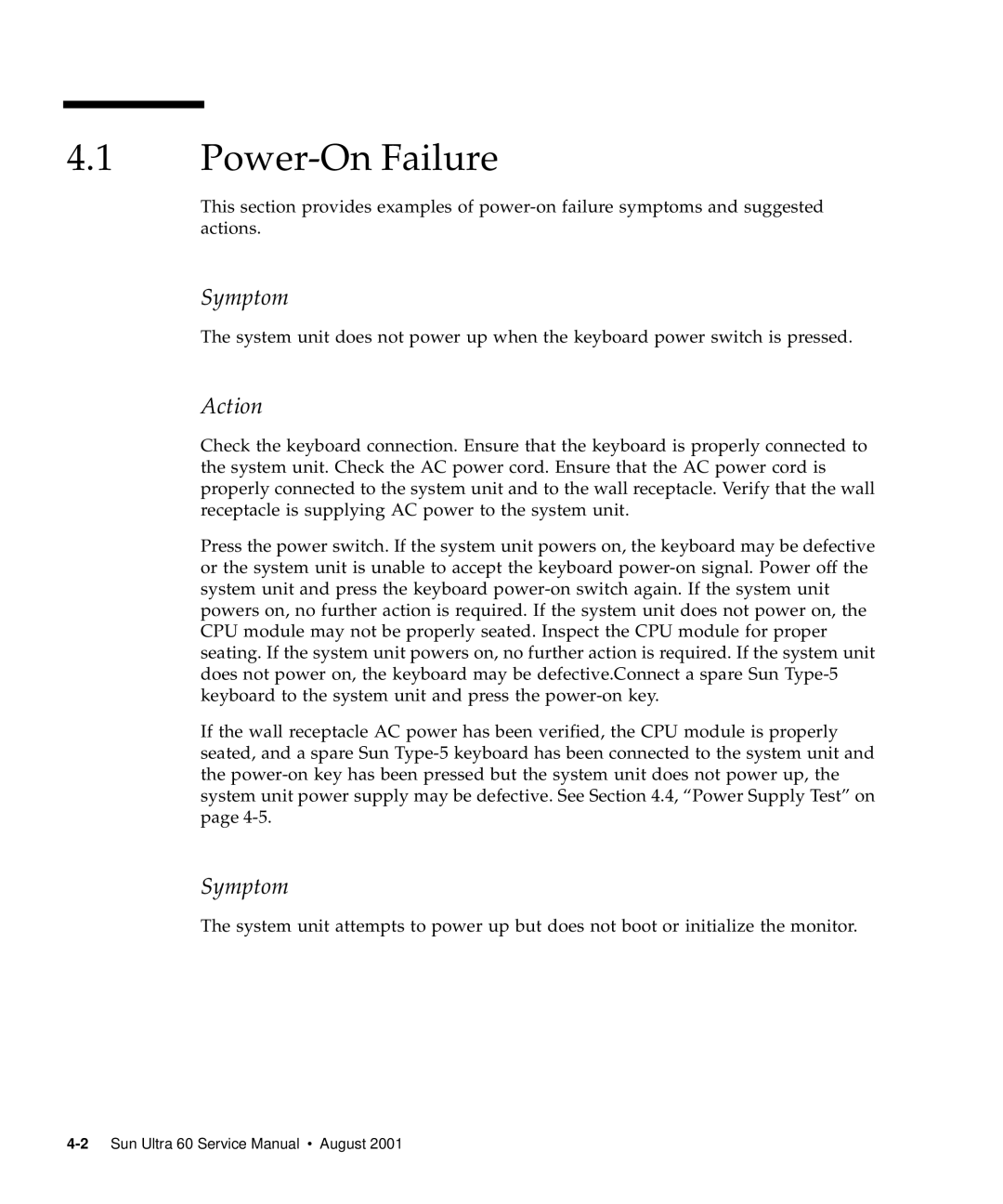 Sun Microsystems 60 service manual Power-On Failure, Action 