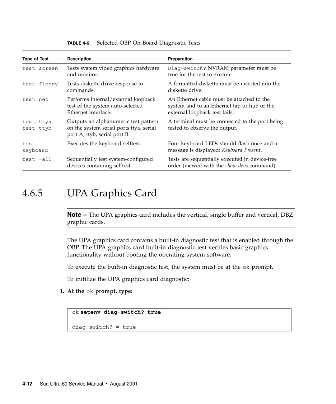 Sun Microsystems 60 service manual UPA Graphics Card, 6Selected OBP On-Board Diagnostic Tests 