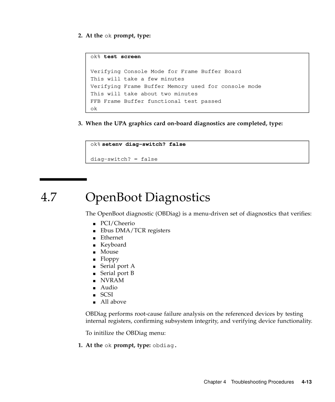 Sun Microsystems 60 service manual OpenBoot Diagnostics, Ok% test screen 