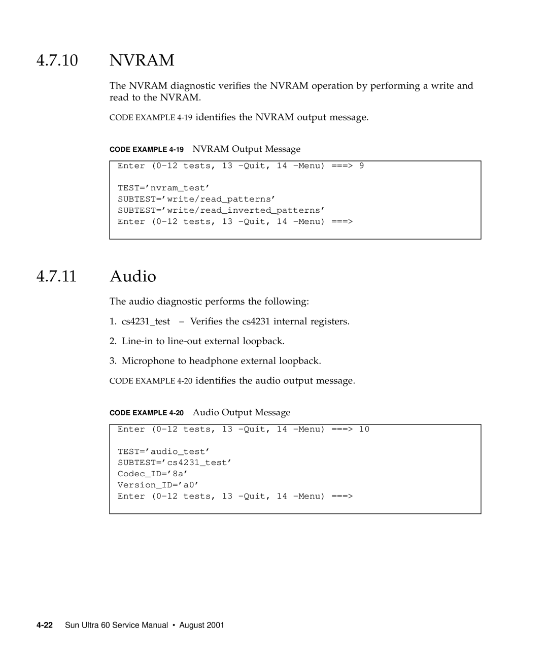 Sun Microsystems 60 service manual Nvram, Code Example 4-19NVRAM Output Message, Audio Output Message 