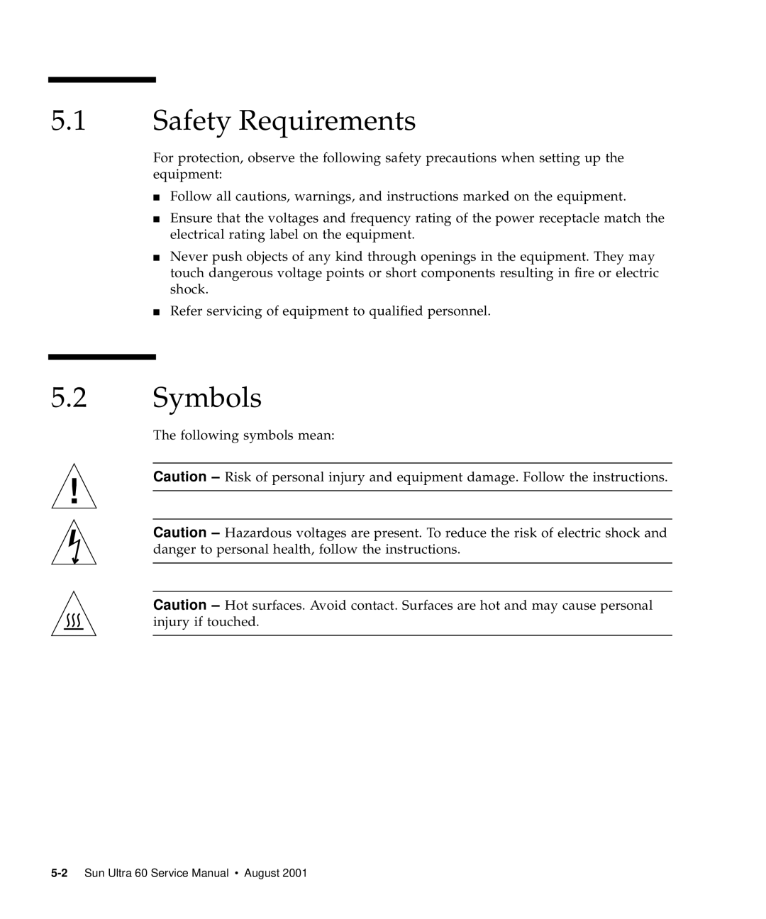 Sun Microsystems 60 service manual Safety Requirements, Symbols 