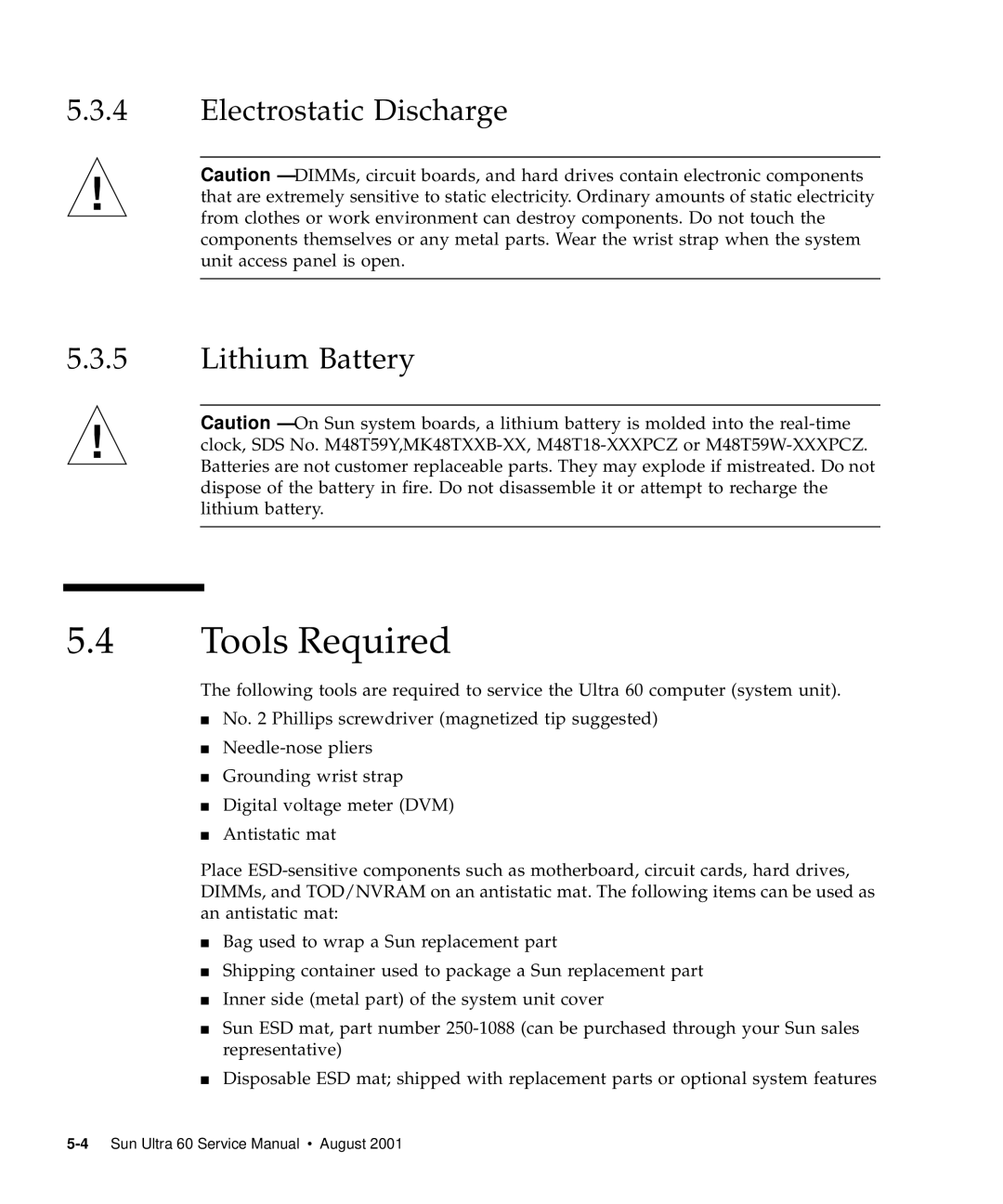 Sun Microsystems 60 service manual Tools Required, Electrostatic Discharge Lithium Battery 