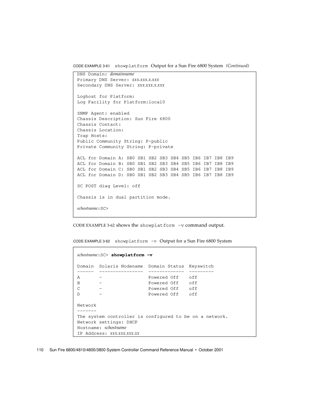 Sun Microsystems 6800/4810/4800/3800 manual Code Example 3-62shows the showplatform -vcommand output 