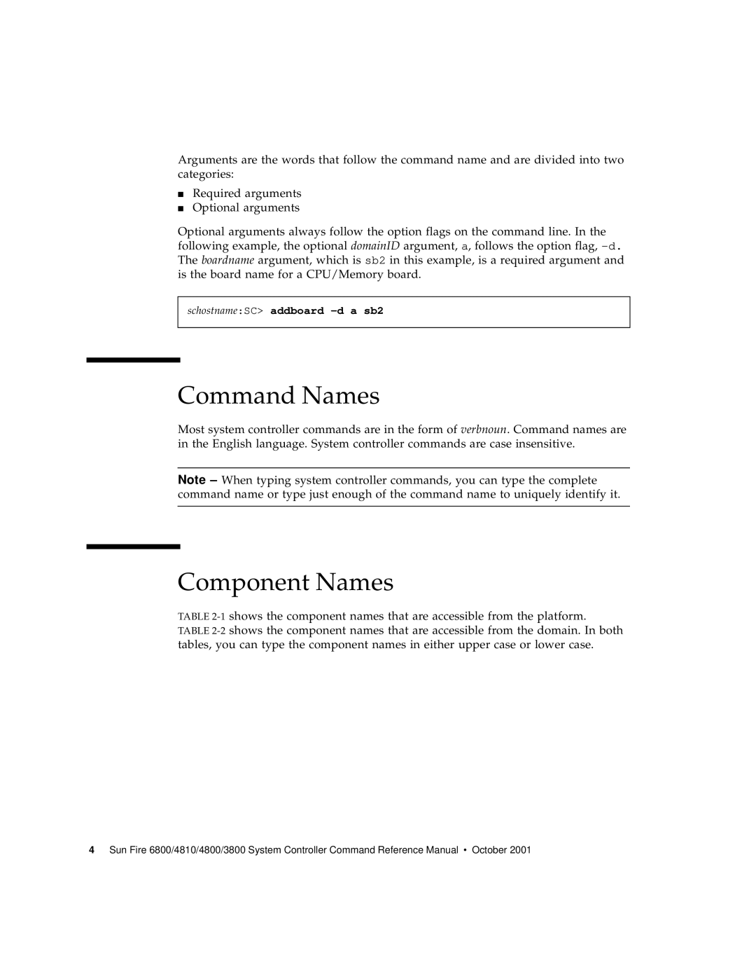 Sun Microsystems 6800/4810/4800/3800 manual Command Names, Component Names, SchostnameSC addboard -d a sb2 