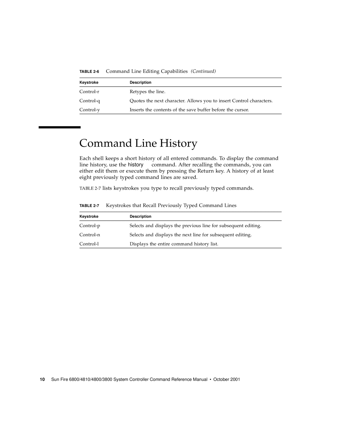 Sun Microsystems 6800/4810/4800/3800 manual Command Line History, Command Line Editing Capabilities 