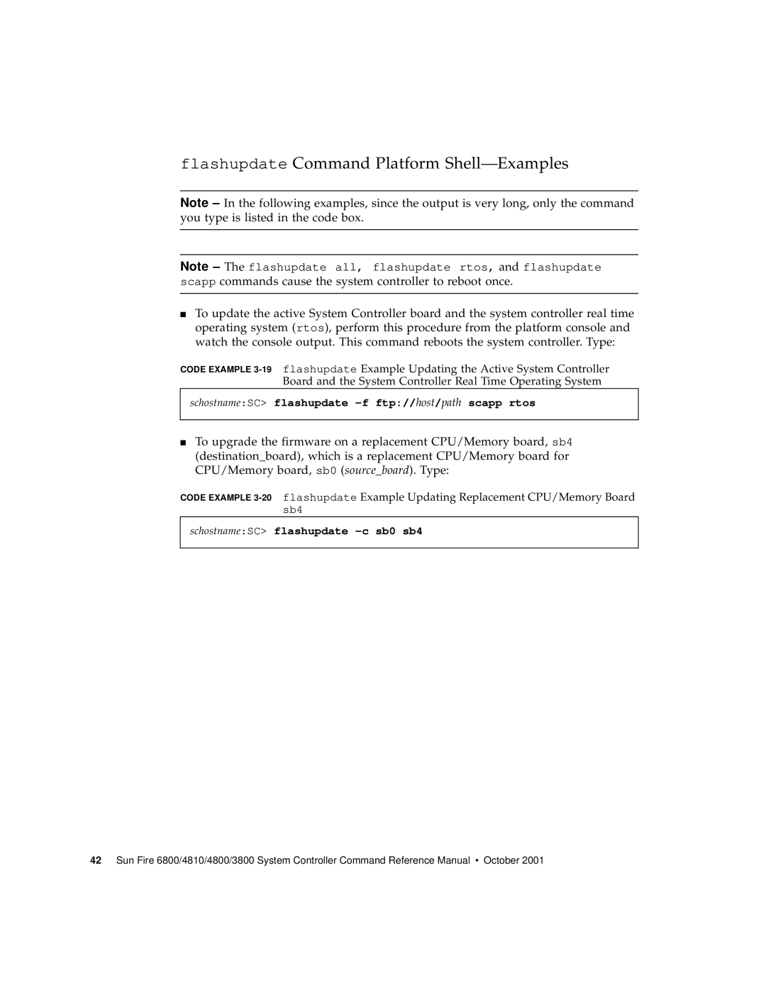 Sun Microsystems 6800/4810/4800/3800 manual SchostnameSC flashupdate -f ftp//host/path scapp rtos 