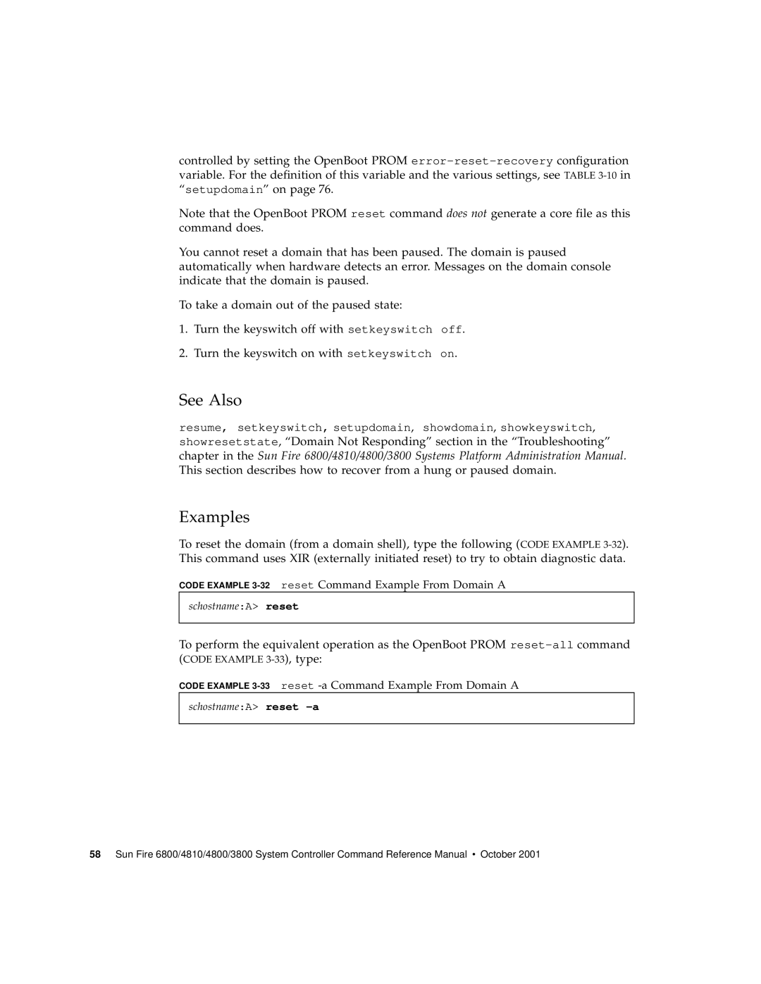 Sun Microsystems 6800/4810/4800/3800 manual Code Example 3-32reset Command Example From Domain a 