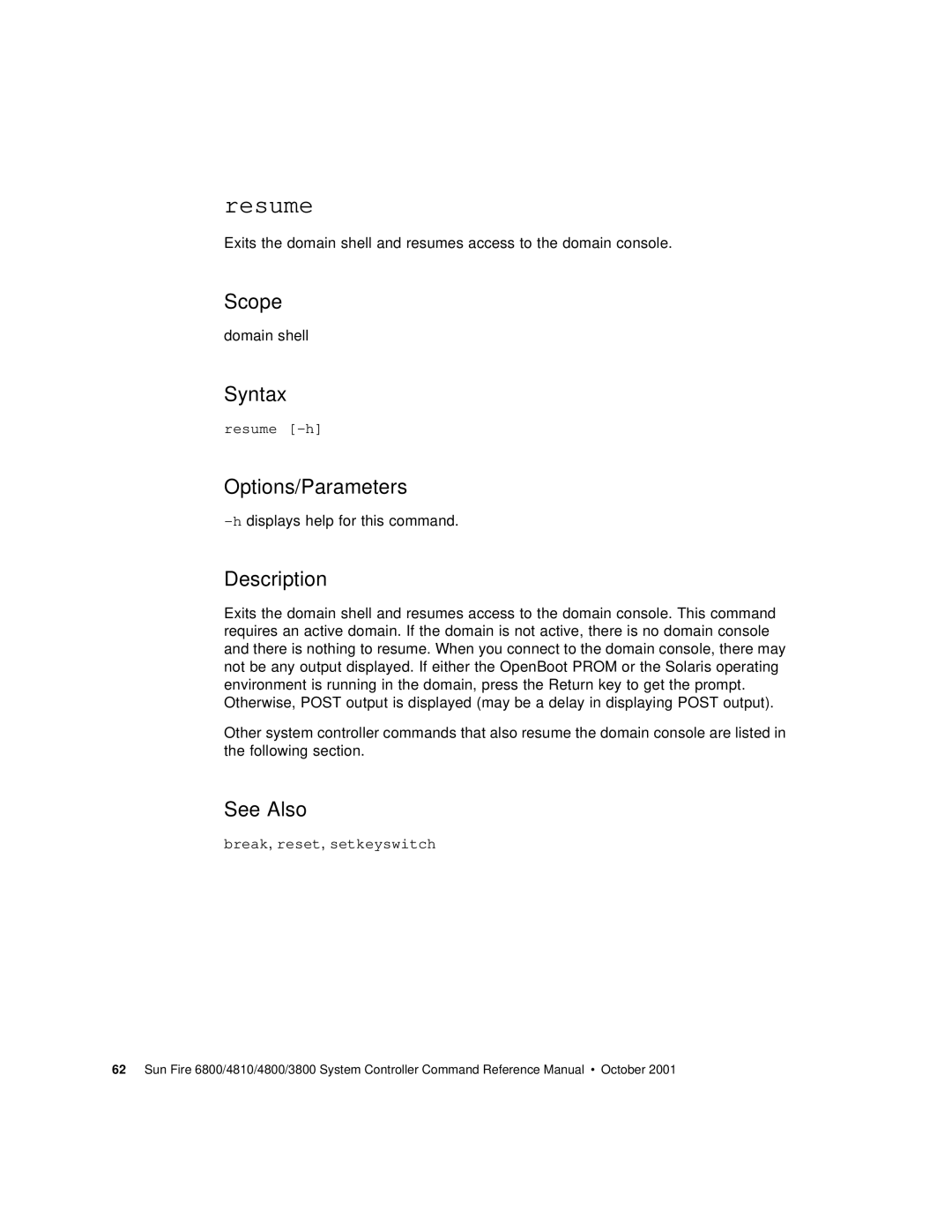 Sun Microsystems 6800/4810/4800/3800 manual Resume 