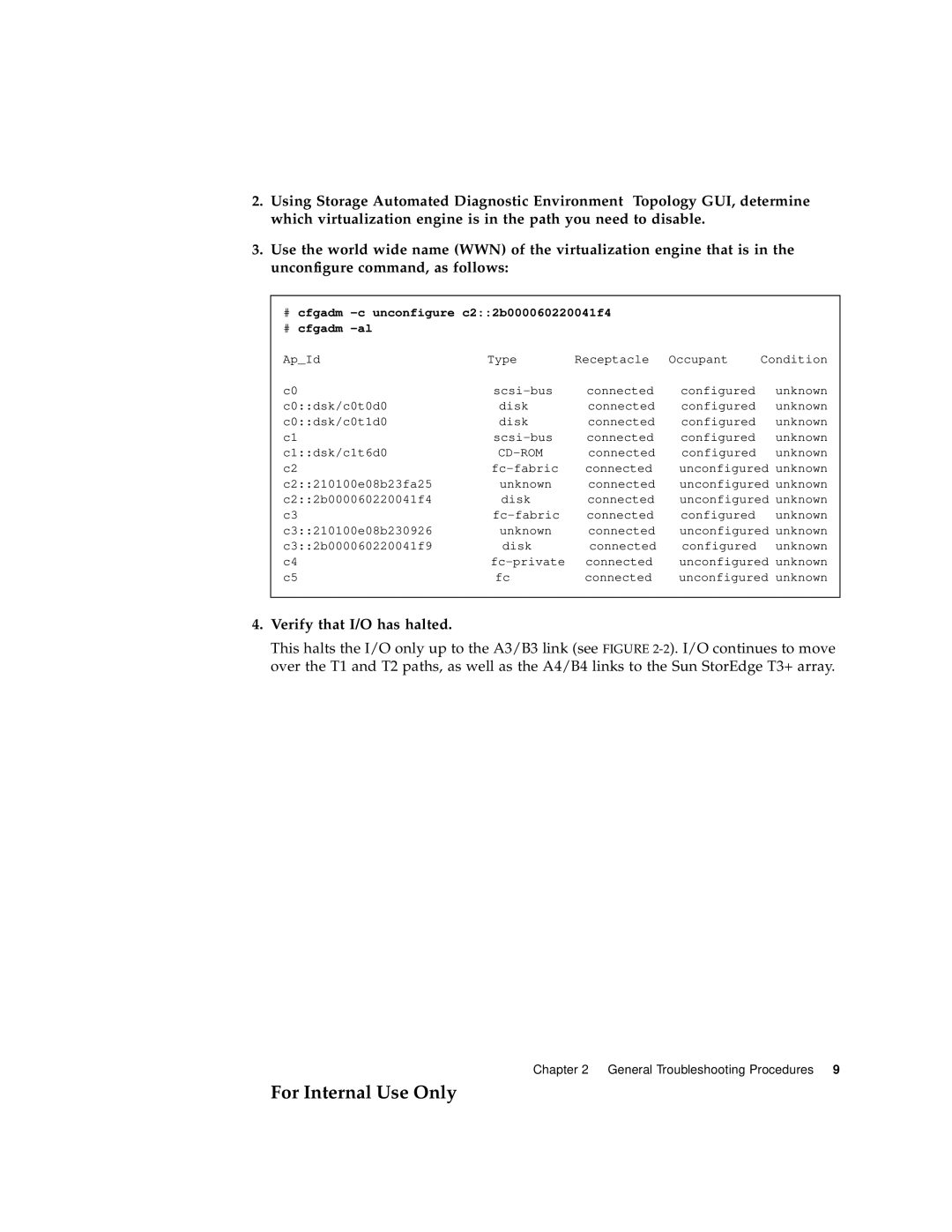 Sun Microsystems 3900 Series manual Verify that I/O has halted, # cfgadm -c unconfigure c22b000060220041f4 # cfgadm -al 