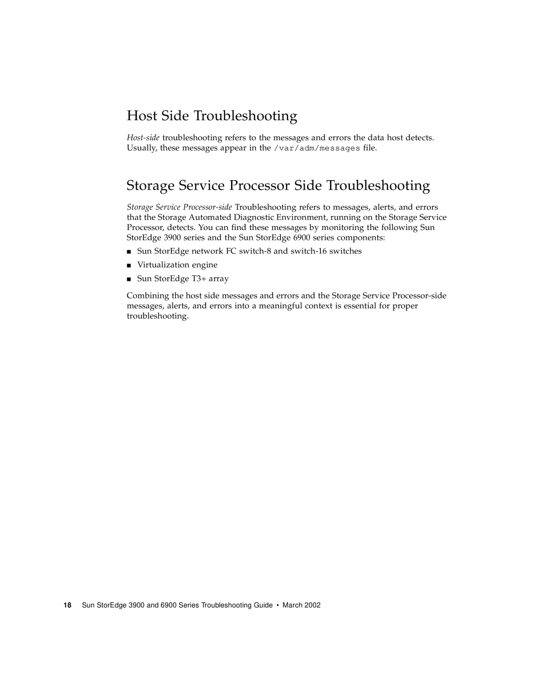 Sun Microsystems 6900 Series, 3900 Series manual Host Side Troubleshooting, Storage Service Processor Side Troubleshooting 