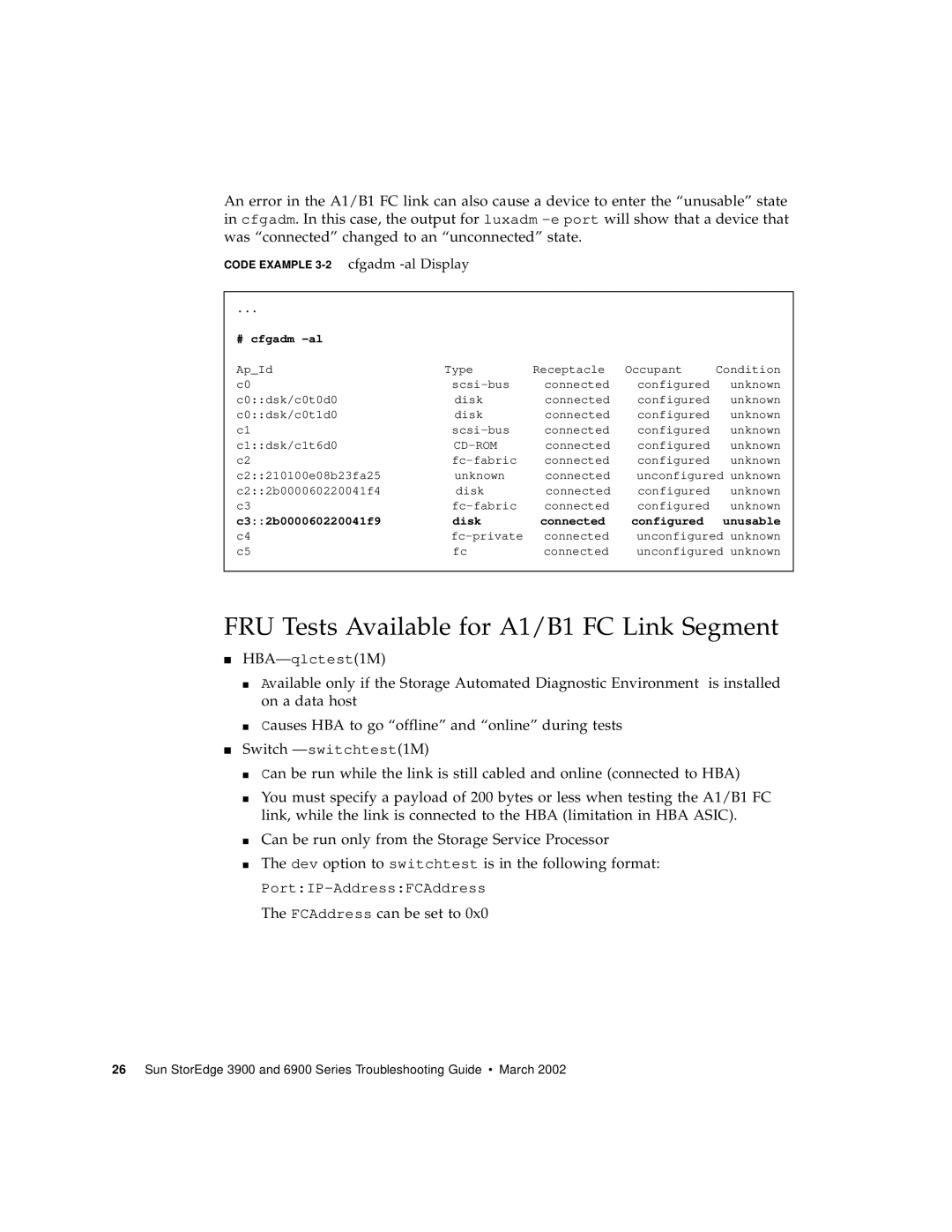 Sun Microsystems 6900 Series manual FRU Tests Available for A1/B1 FC Link Segment, Code Example 3-2cfgadm -al Display 