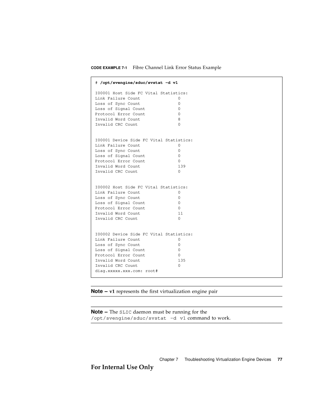 Sun Microsystems 3900 Series manual Code Example 7-1Fibre Channel Link Error Status Example, # /opt/svengine/sduc/svstat -d 