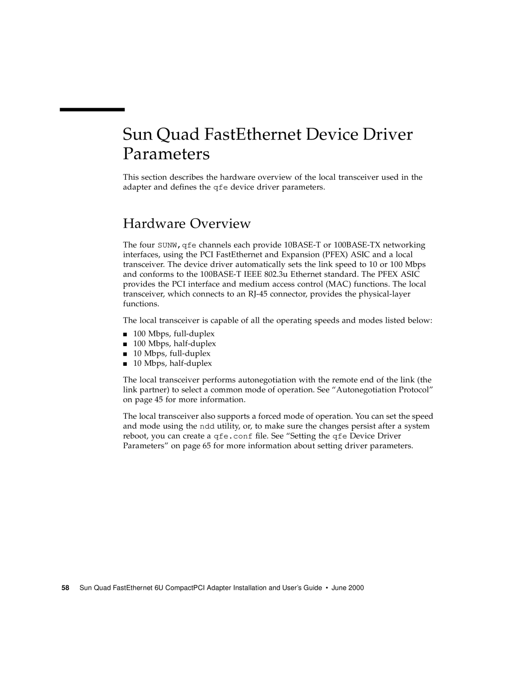 Sun Microsystems 6U manual Sun Quad FastEthernet Device Driver Parameters, Hardware Overview 