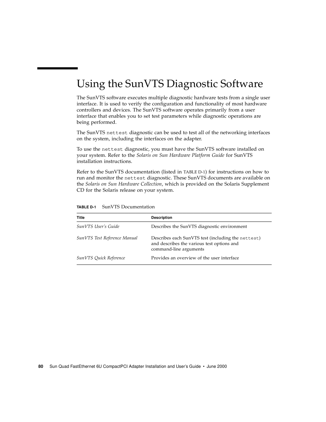 Sun Microsystems 6U manual Using the SunVTS Diagnostic Software, TABLE D-1 SunVTS Documentation 