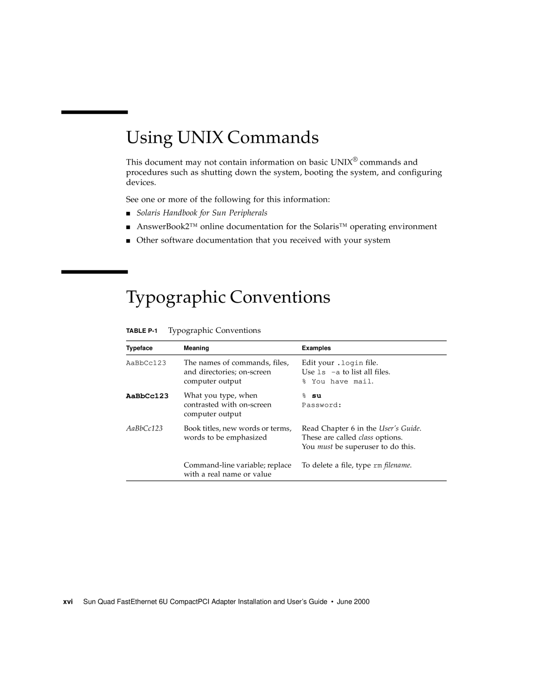 Sun Microsystems 6U manual Using Unix Commands, Table P-1Typographic Conventions 