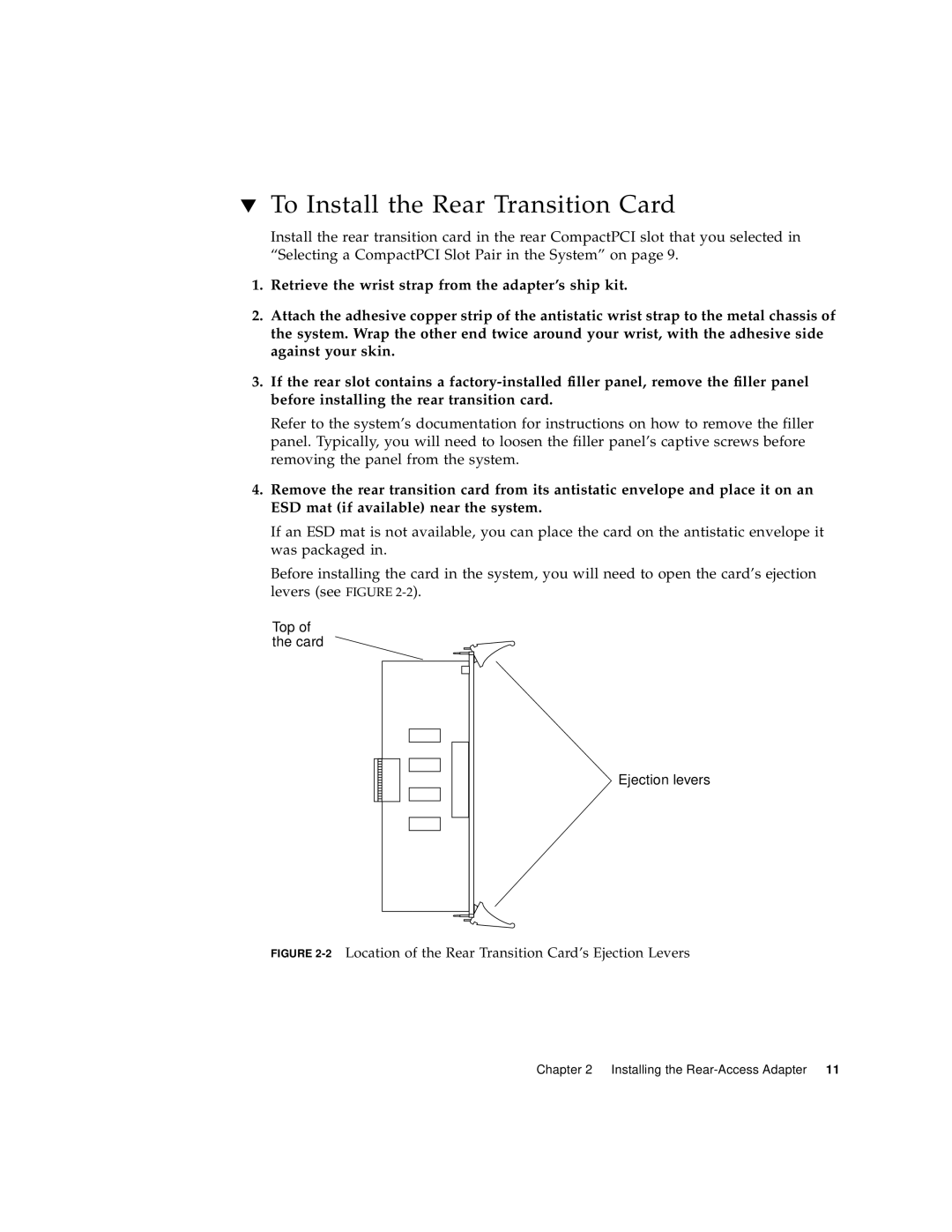 Sun Microsystems 6U manual To Install the Rear Transition Card, 2Location of the Rear Transition Card’s Ejection Levers 