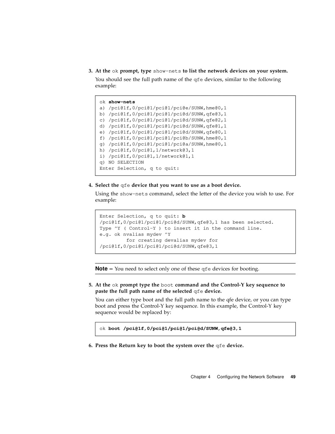 Sun Microsystems 6U manual Select the qfe device that you want to use as a boot device 