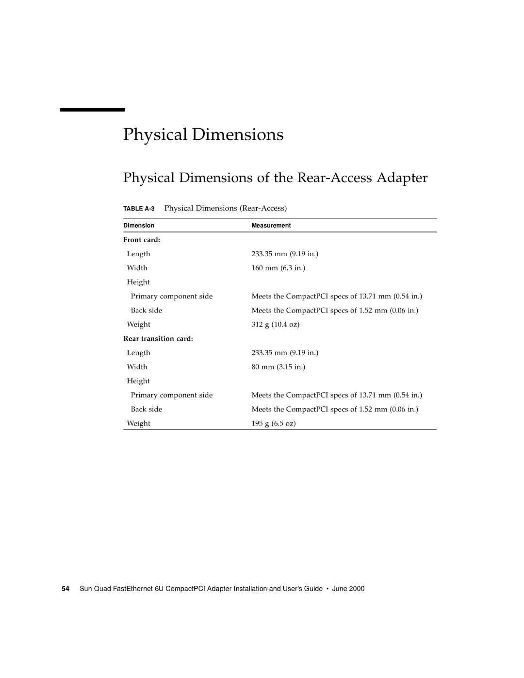 Sun Microsystems 6U manual Physical Dimensions of the Rear-Access Adapter, Table A-3Physical Dimensions Rear-Access 