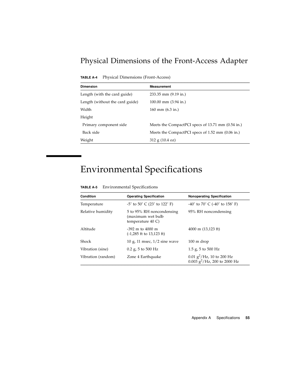 Sun Microsystems 6U manual Environmental Specifications, Physical Dimensions of the Front-Access Adapter 