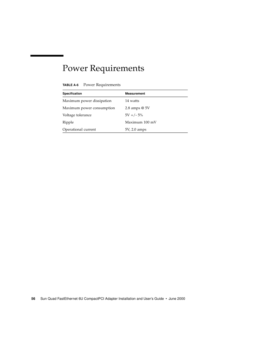 Sun Microsystems 6U manual Table A-6Power Requirements 