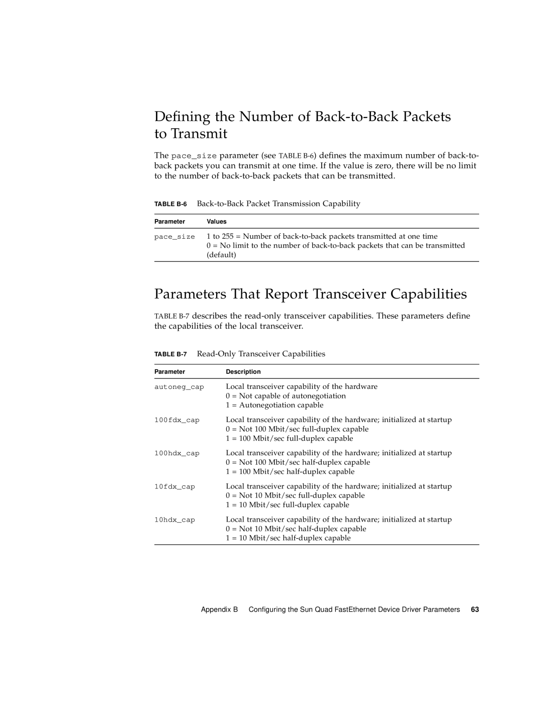 Sun Microsystems 6U Defining the Number of Back-to-Back Packets to Transmit, Table B-7Read-Only Transceiver Capabilities 