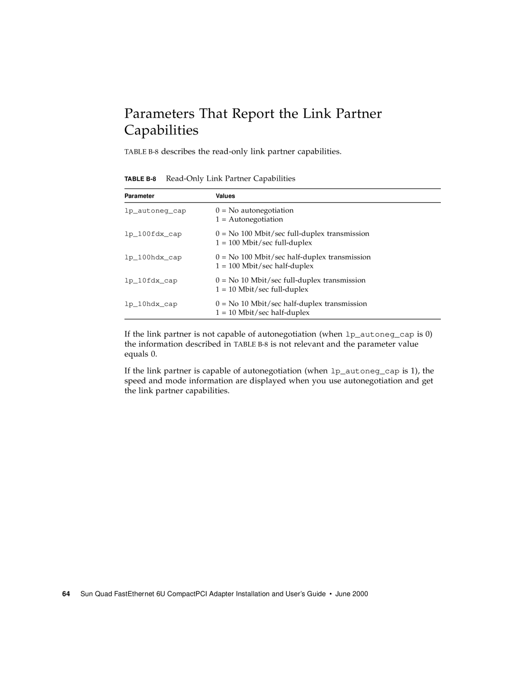 Sun Microsystems 6U Parameters That Report the Link Partner Capabilities, Table B-8Read-Only Link Partner Capabilities 