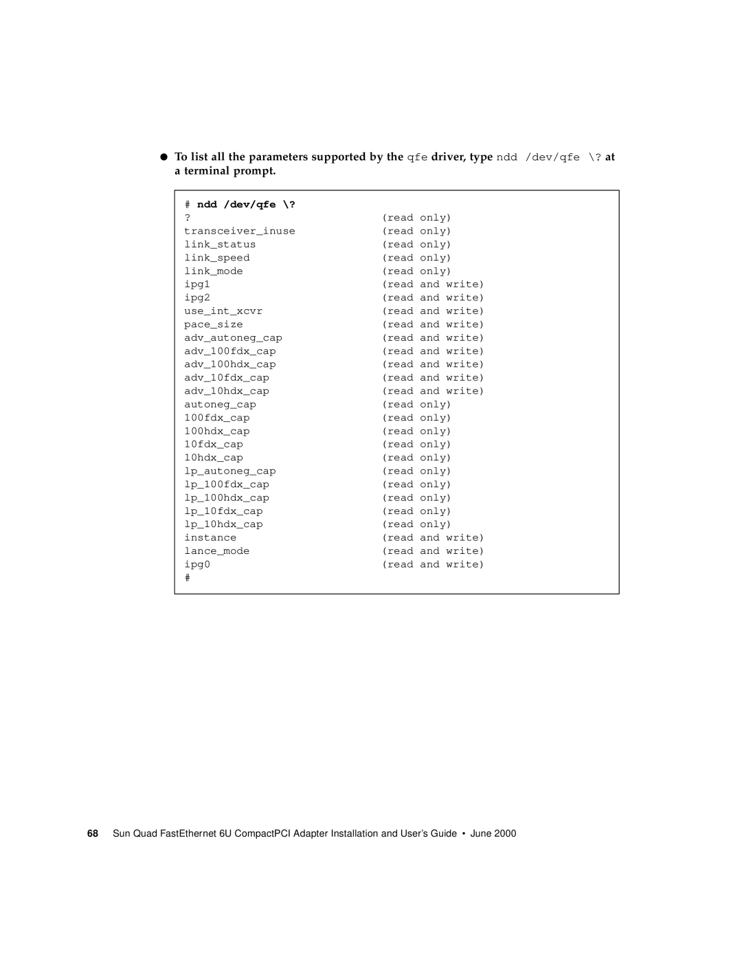 Sun Microsystems 6U manual # ndd /dev/qfe \? 