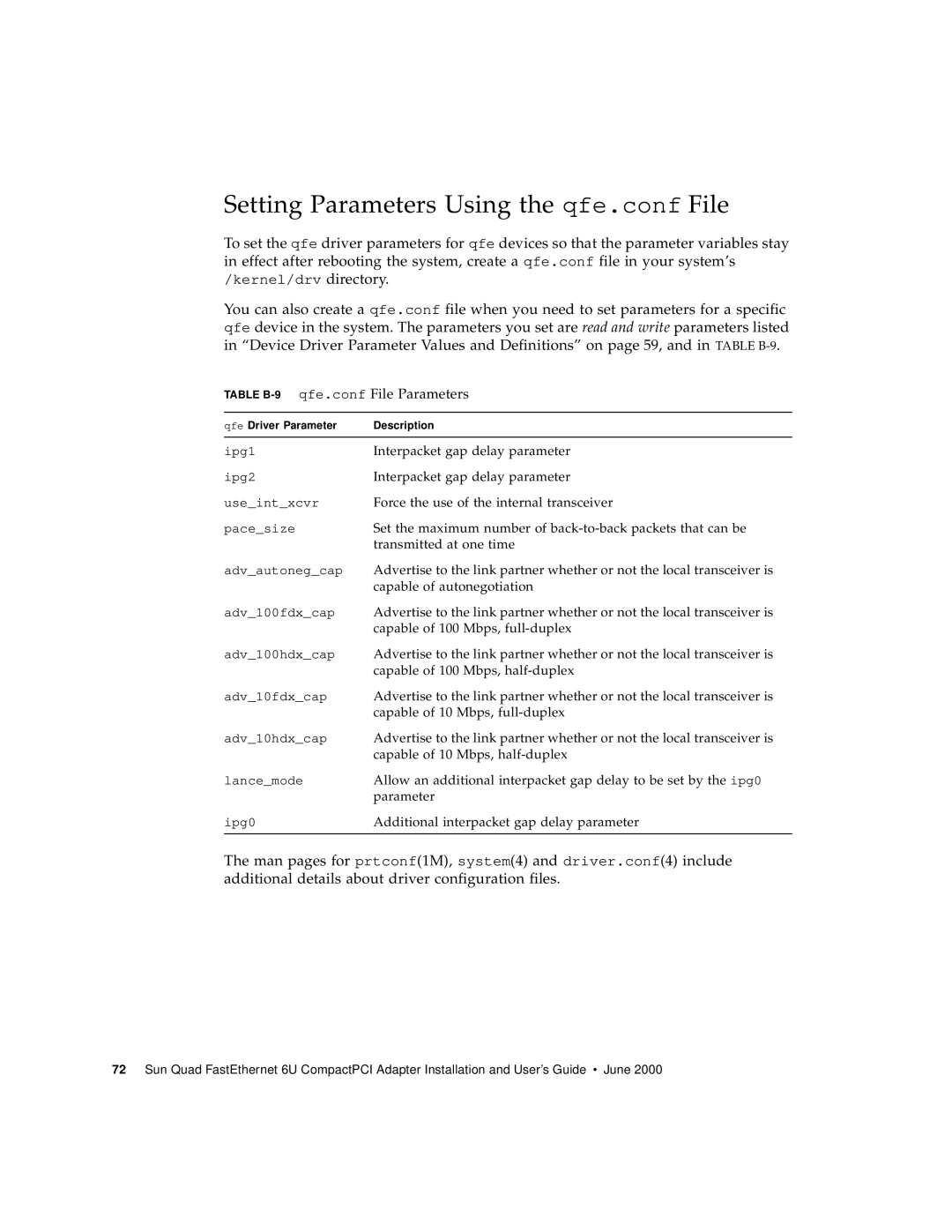 Sun Microsystems 6U manual Setting Parameters Using the qfe.conf File, Table B-9qfe.conf File Parameters 