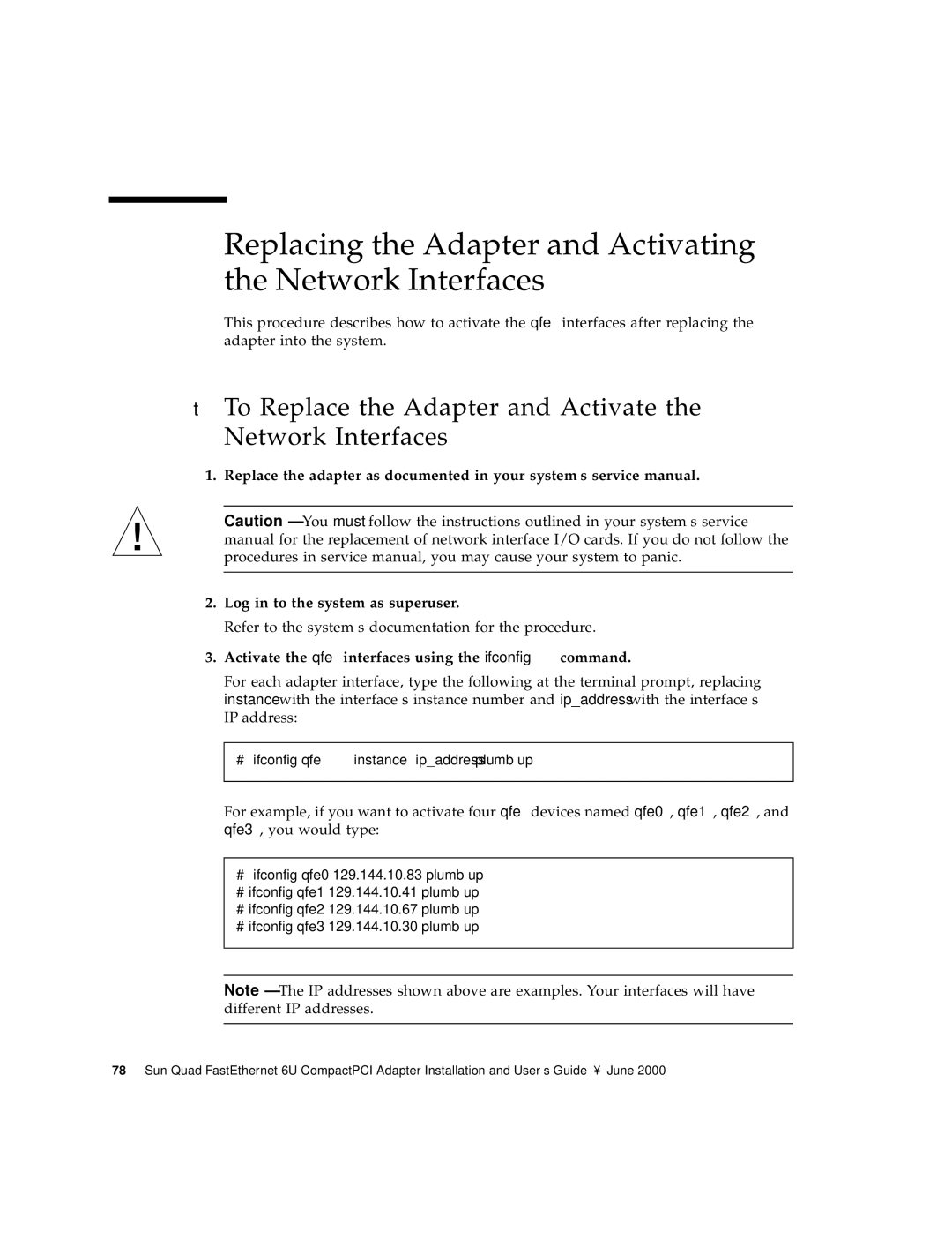 Sun Microsystems 6U manual Replacing the Adapter and Activating the Network Interfaces 