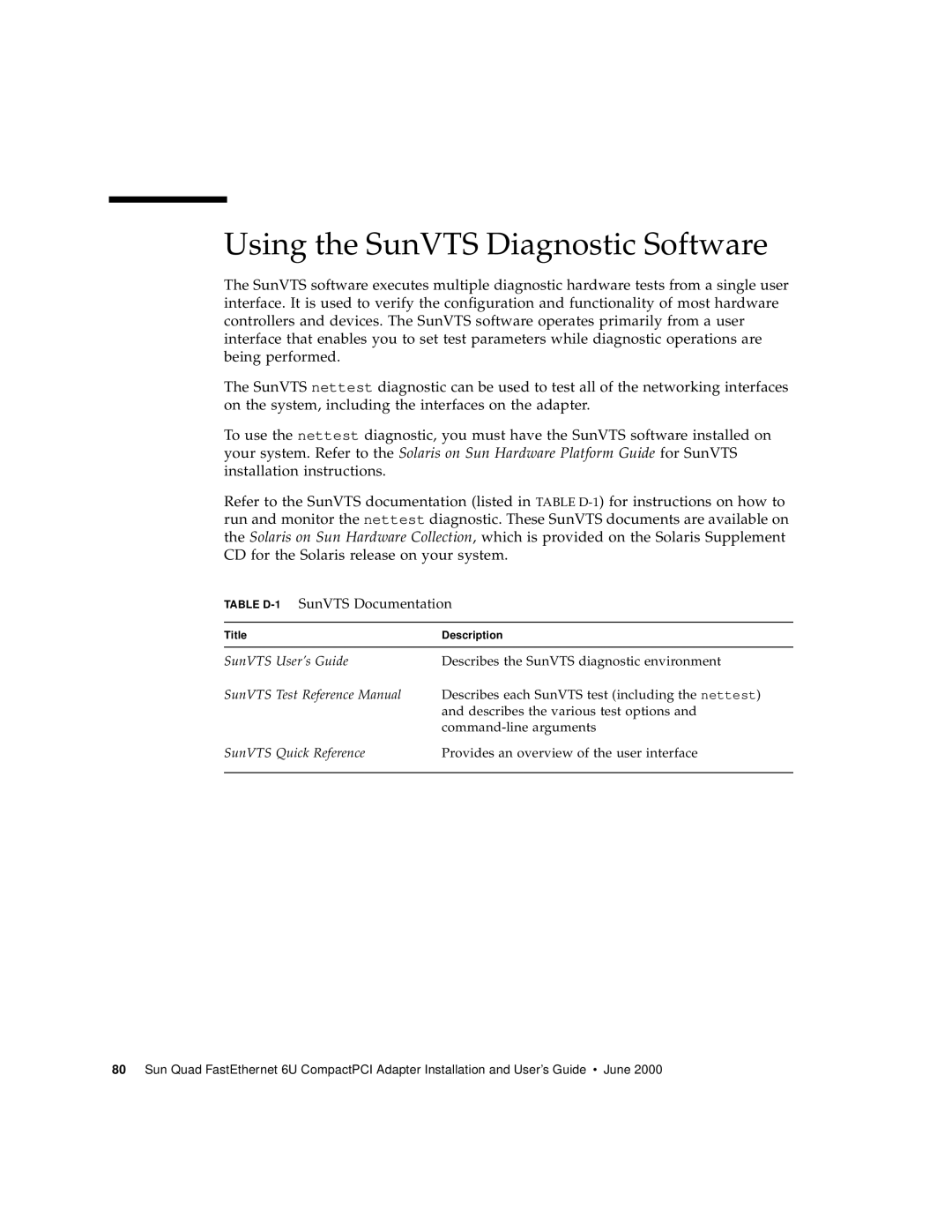 Sun Microsystems 6U manual Using the SunVTS Diagnostic Software, Table D-1SunVTS Documentation 