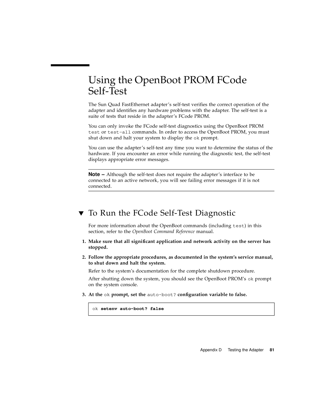 Sun Microsystems 6U manual Using the OpenBoot Prom FCode Self-Test, To Run the FCode Self-Test Diagnostic 