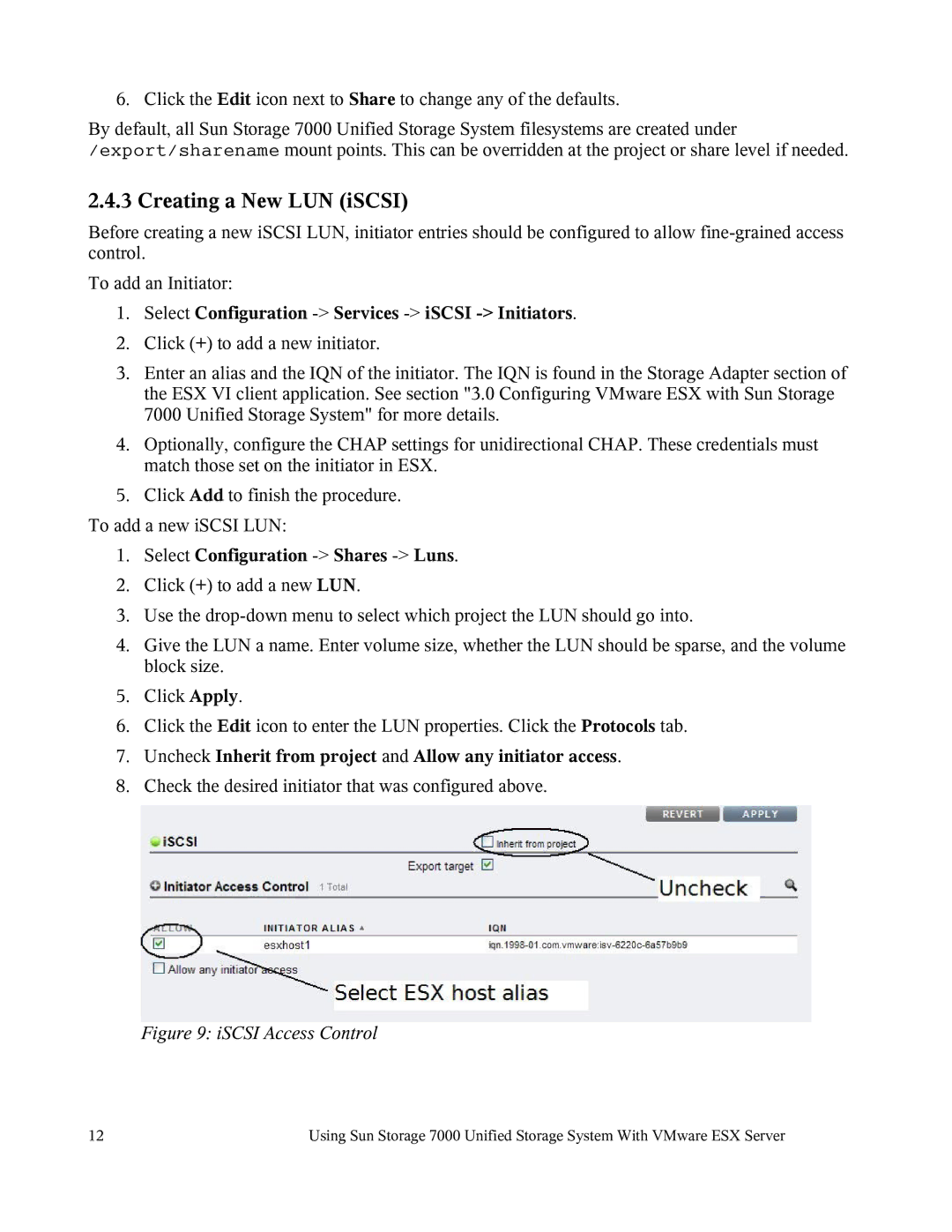 Sun Microsystems 7000 manual Select Configuration -Services -iSCSI Initiators, Select Configuration -Shares -Luns 