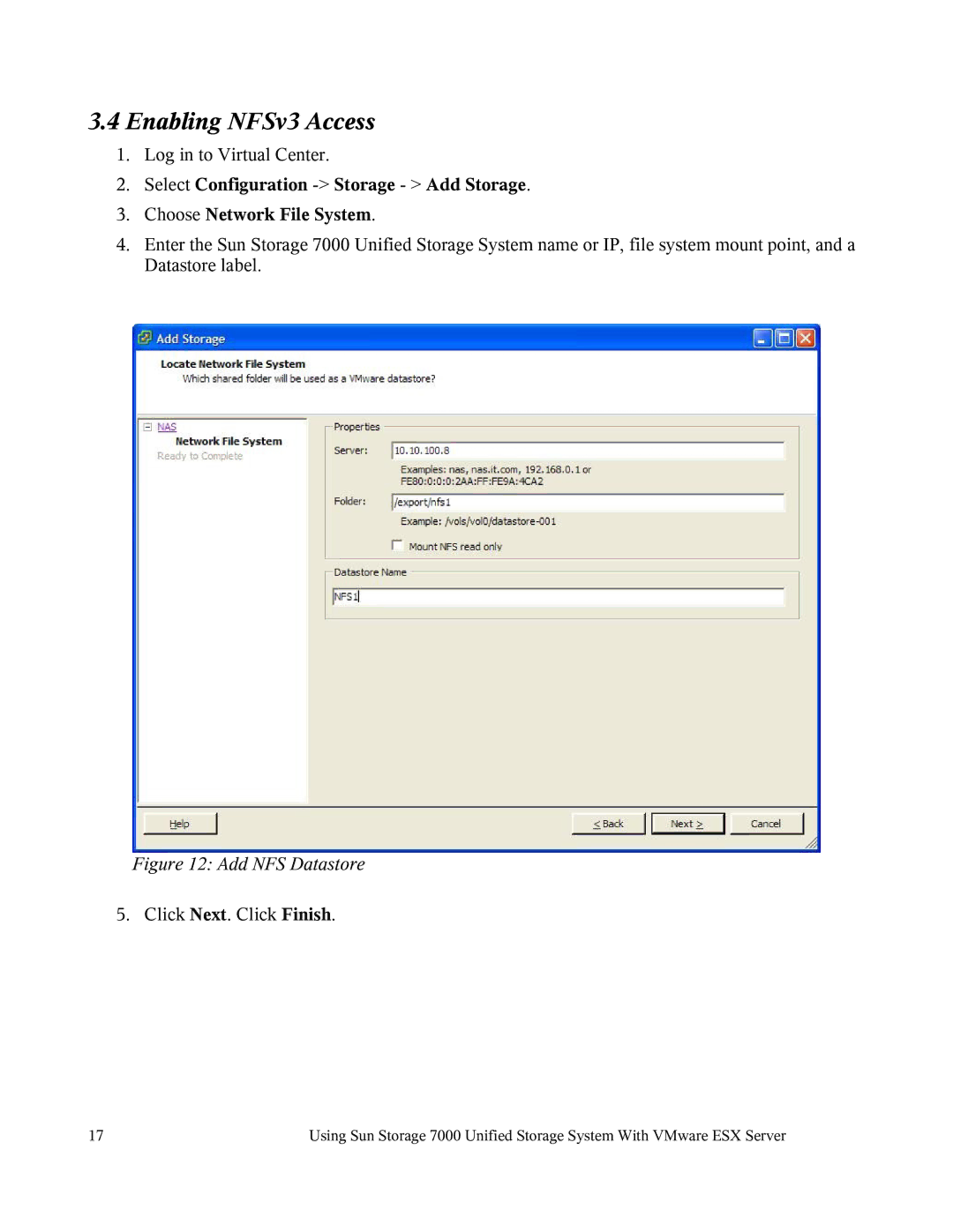 Sun Microsystems 7000 manual Enabling NFSv3 Access, Add NFS Datastore 