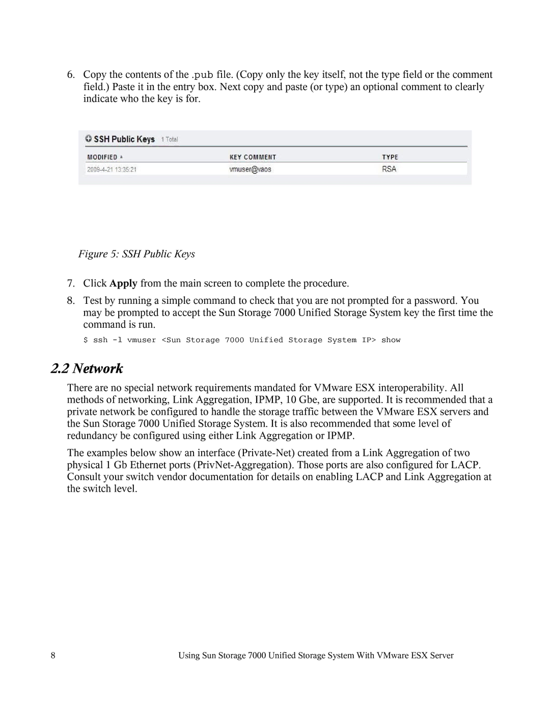 Sun Microsystems 7000 manual Network, SSH Public Keys 