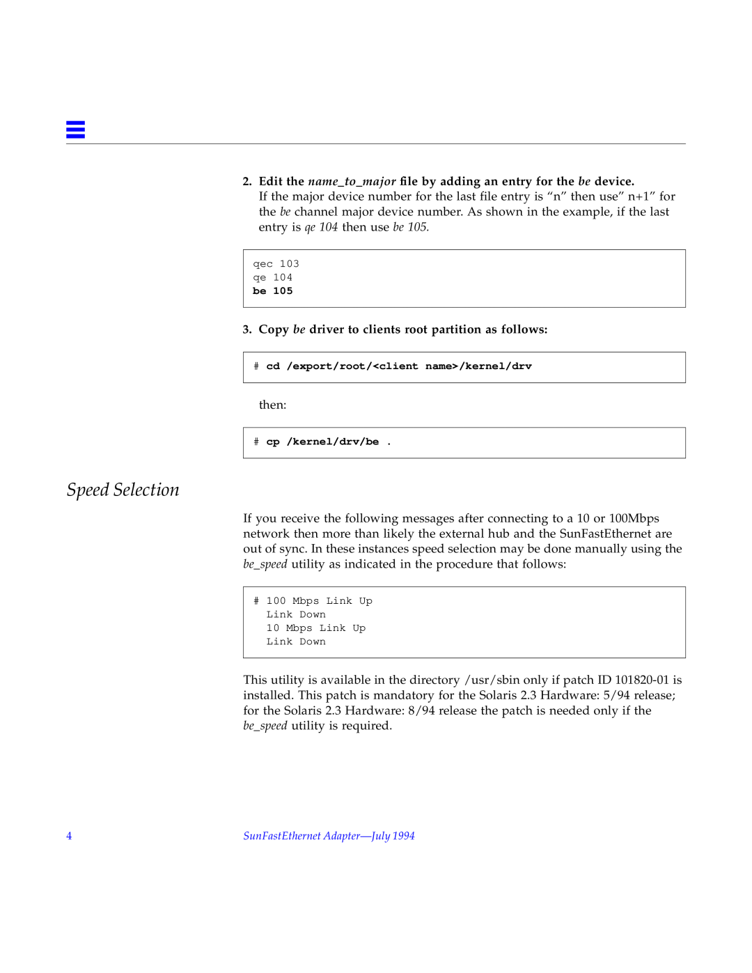 Sun Microsystems 802-1304-10 manual Speed Selection, Edit the nametomajor file by adding an entry for the be device 