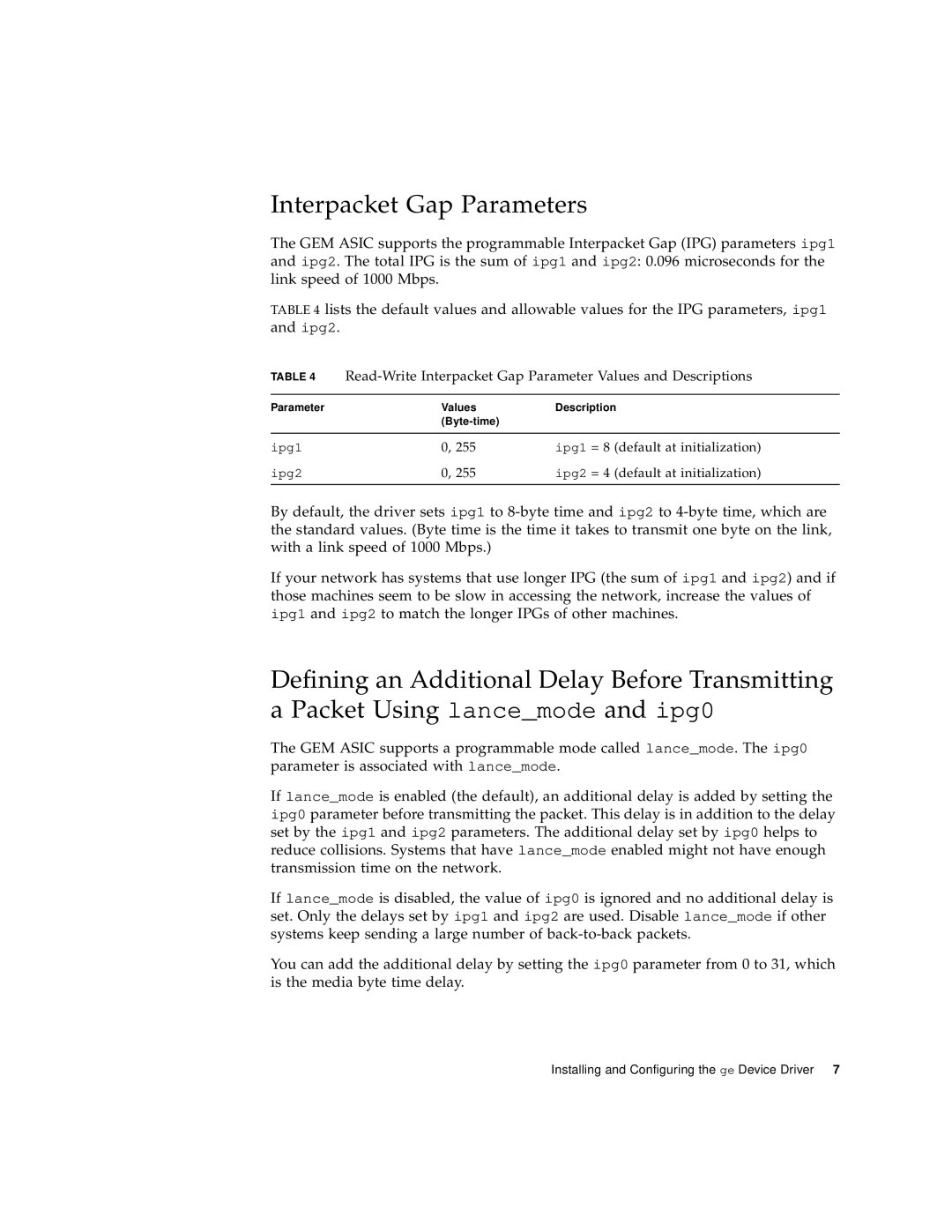 Sun Microsystems 805-7945-10 manual Interpacket Gap Parameters 