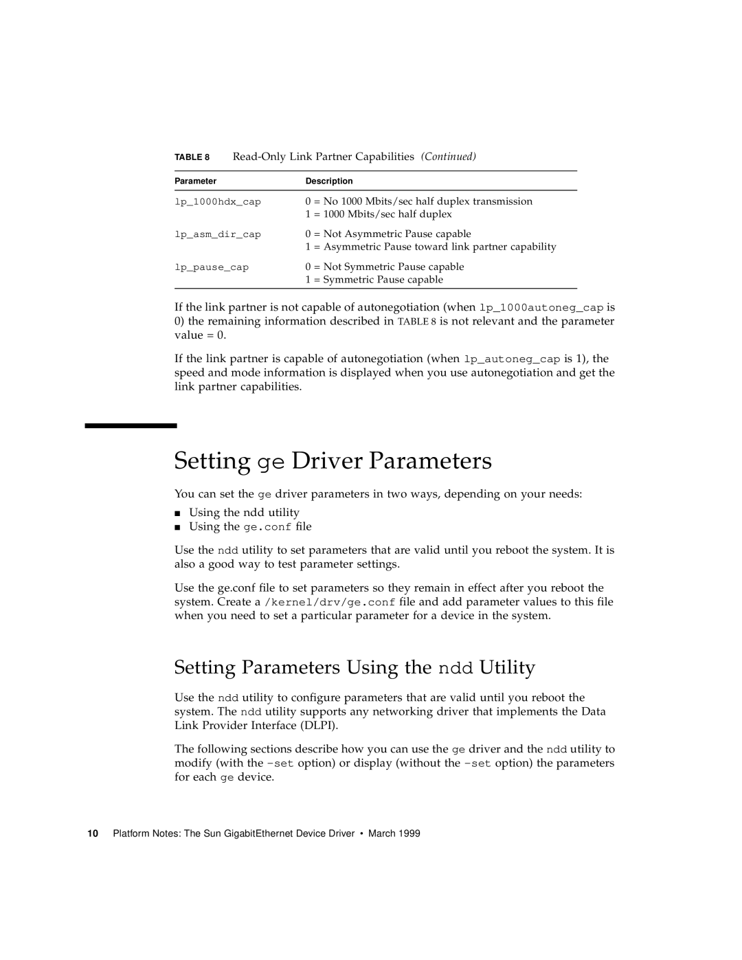 Sun Microsystems 805-7945-10 manual Setting ge Driver Parameters, Setting Parameters Using the ndd Utility 