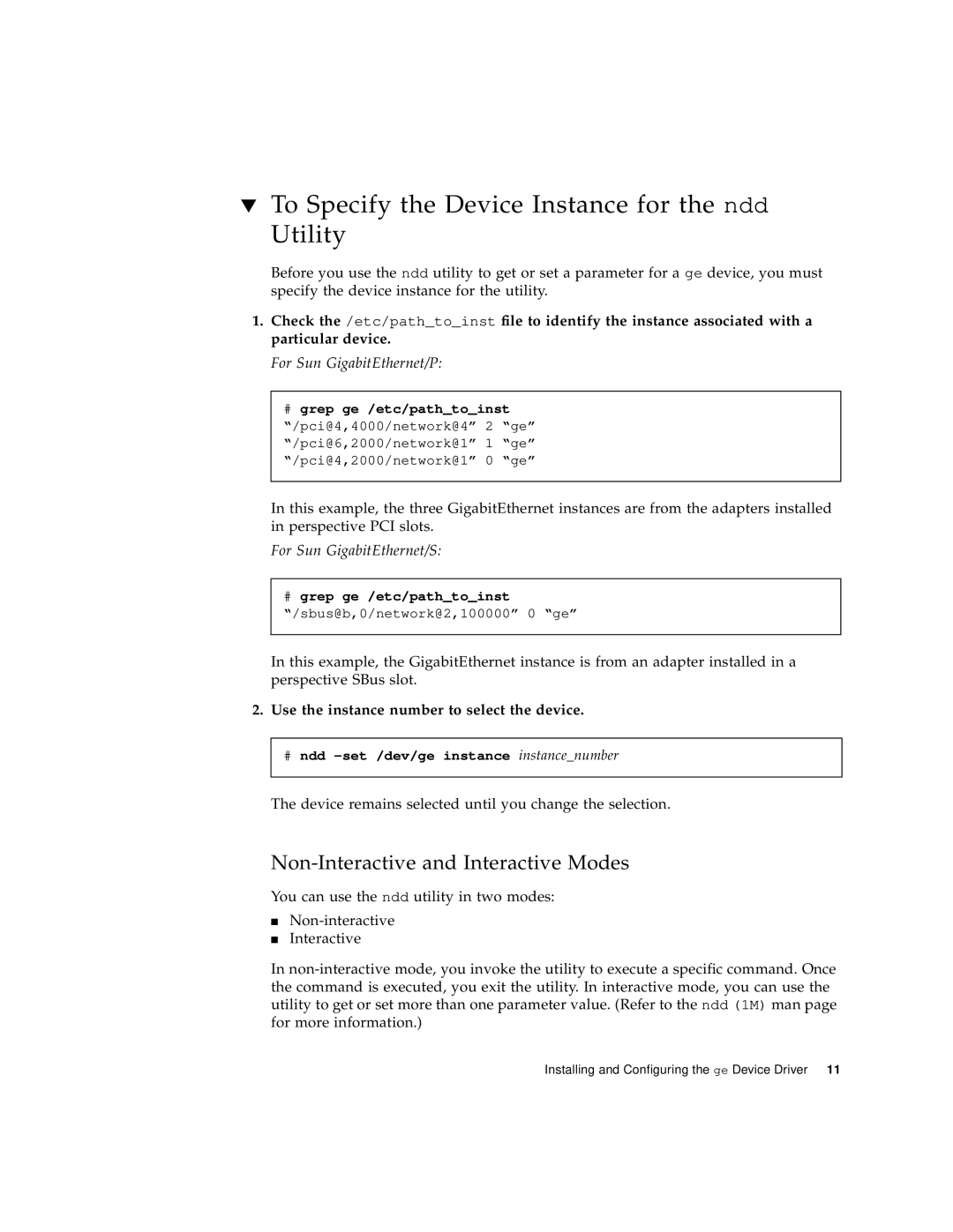 Sun Microsystems 805-7945-10 To Specify the Device Instance for the ndd Utility, Non-Interactive and Interactive Modes 