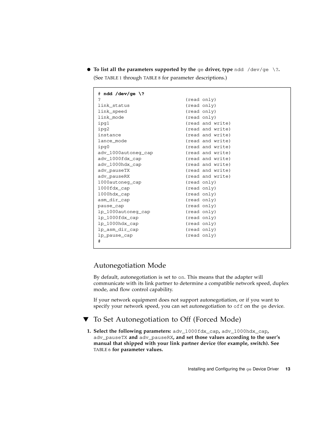 Sun Microsystems 805-7945-10 manual Autonegotiation Mode, To Set Autonegotiation to Off Forced Mode 