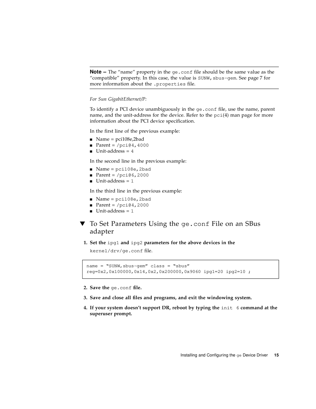 Sun Microsystems 805-7945-10 manual To Set Parameters Using the ge.conf File on an SBus adapter 