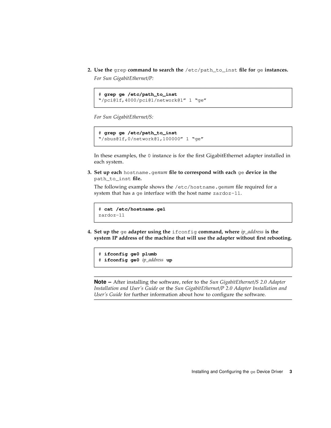 Sun Microsystems 805-7945-10 manual # grep ge /etc/pathtoinst /pci@1f,4000/pci@1/network@1 1 ge 