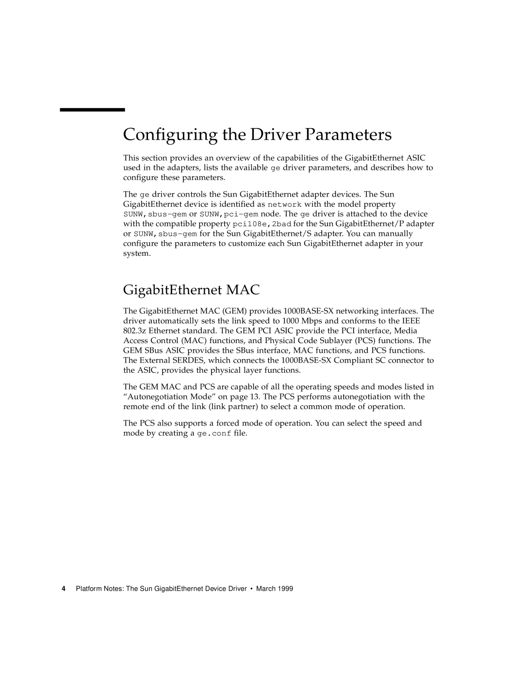 Sun Microsystems 805-7945-10 manual Configuring the Driver Parameters, GigabitEthernet MAC 