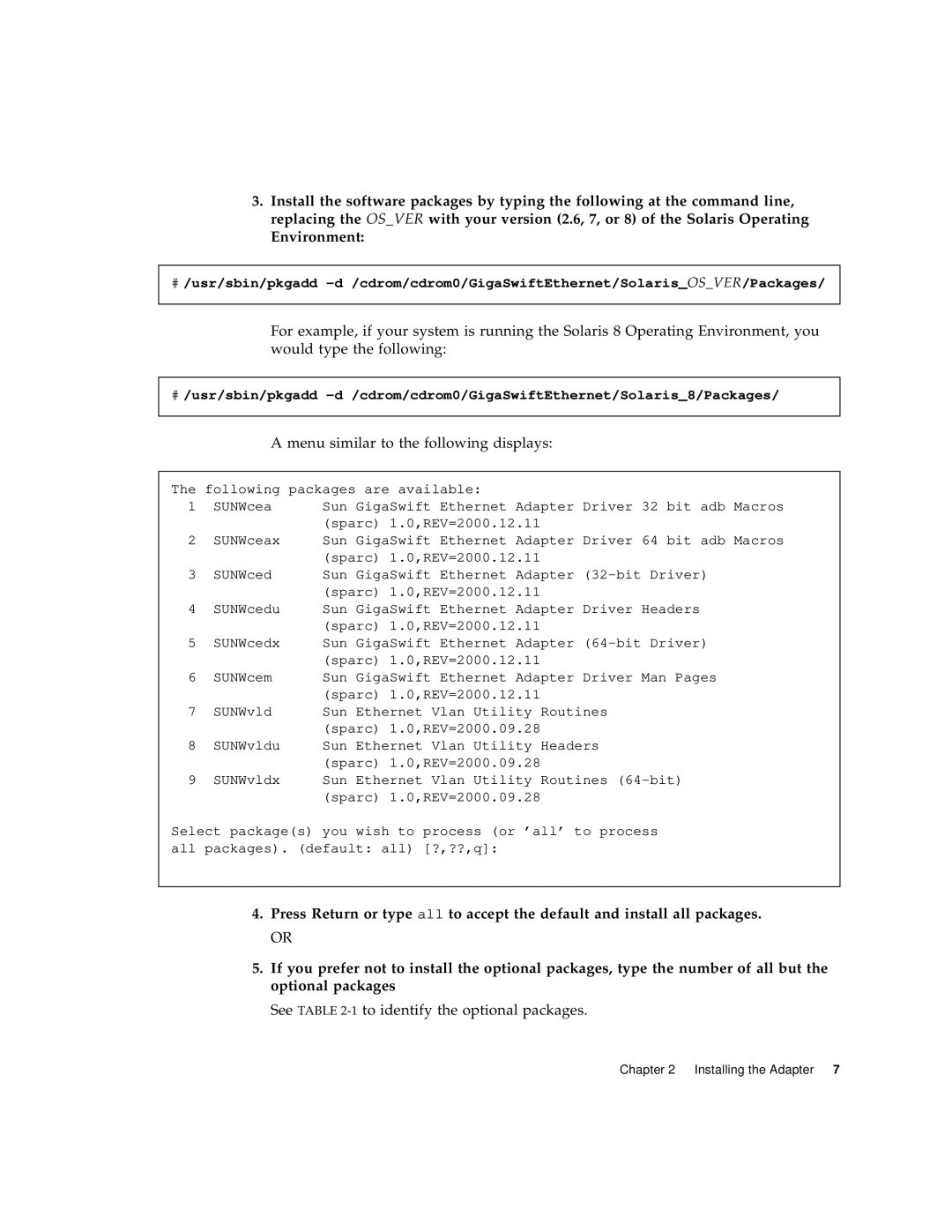 Sun Microsystems 806-2989-10 manual See -1to identify the optional packages 