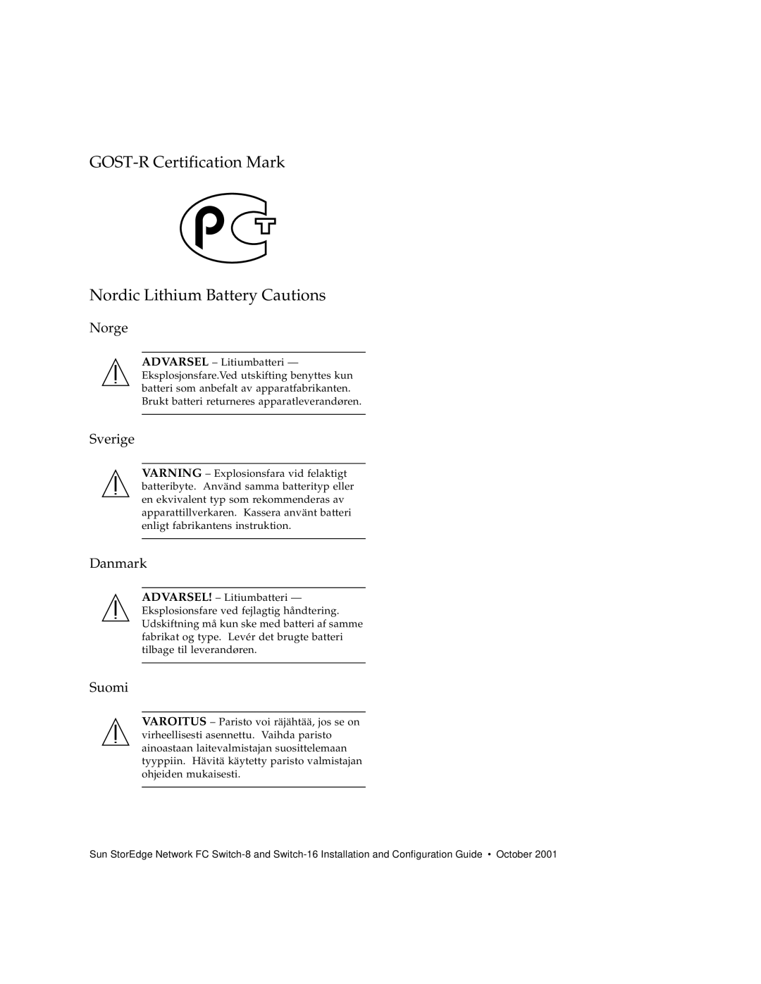 Sun Microsystems 816-0830-12 manual GOST-R Certification Mark Nordic Lithium Battery Cautions, Norge Sverige 