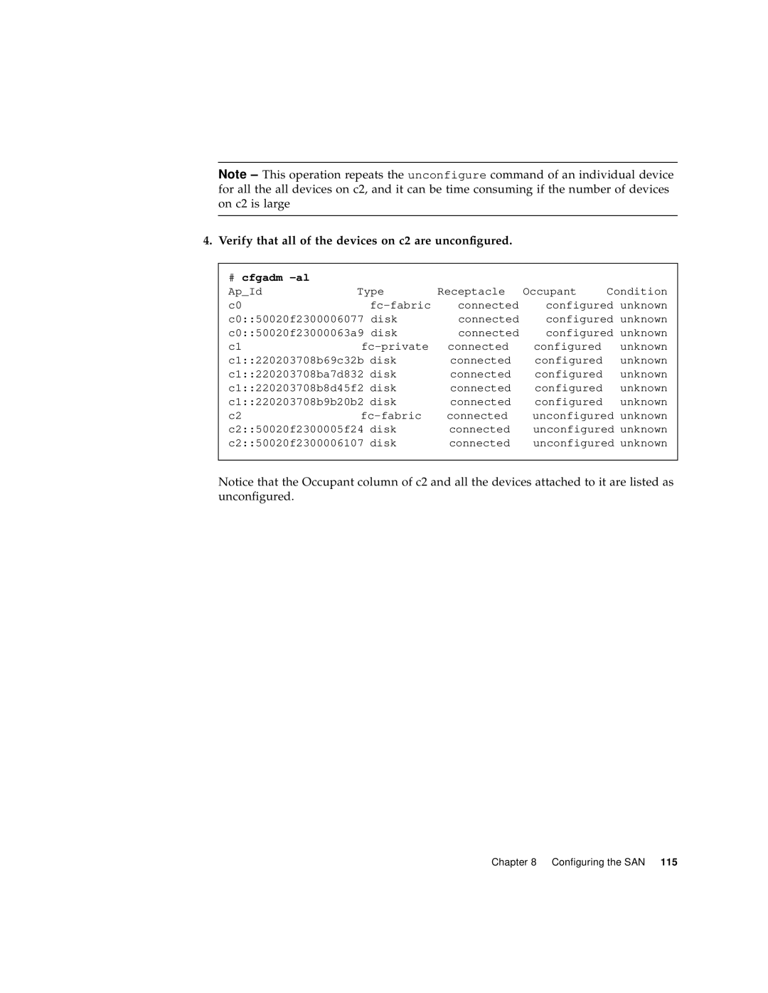 Sun Microsystems 816-0830-12 manual Verify that all of the devices on c2 are unconfigured 