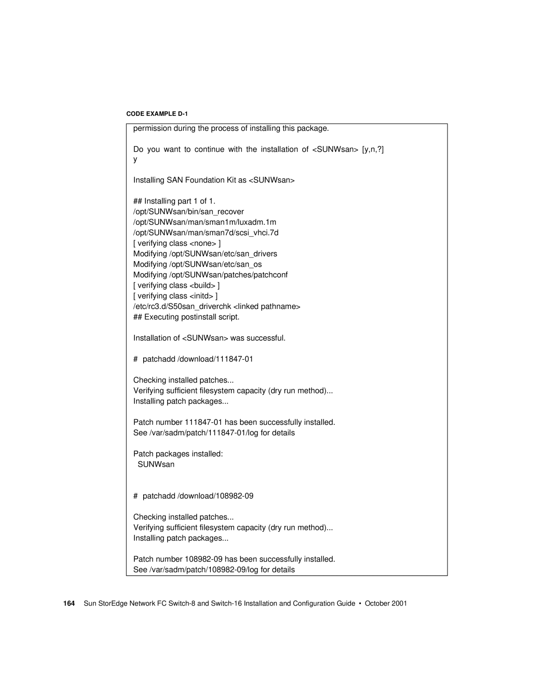 Sun Microsystems 816-0830-12 manual # patchadd /download/111847-01, # patchadd /download/108982-09 