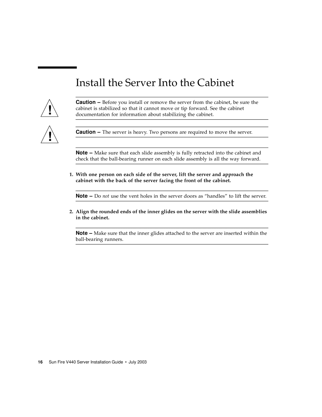 Sun Microsystems 816-7727-10 manual Install the Server Into the Cabinet 