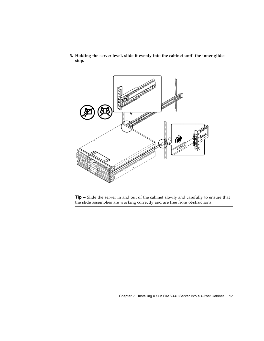 Sun Microsystems 816-7727-10 manual Installing a Sun Fire V440 Server Into a 4-Post Cabinet 