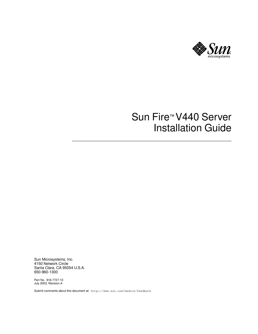 Sun Microsystems 816-7727-10 manual Sun Fire V440 Server Installation Guide, July 2003, Revision A 